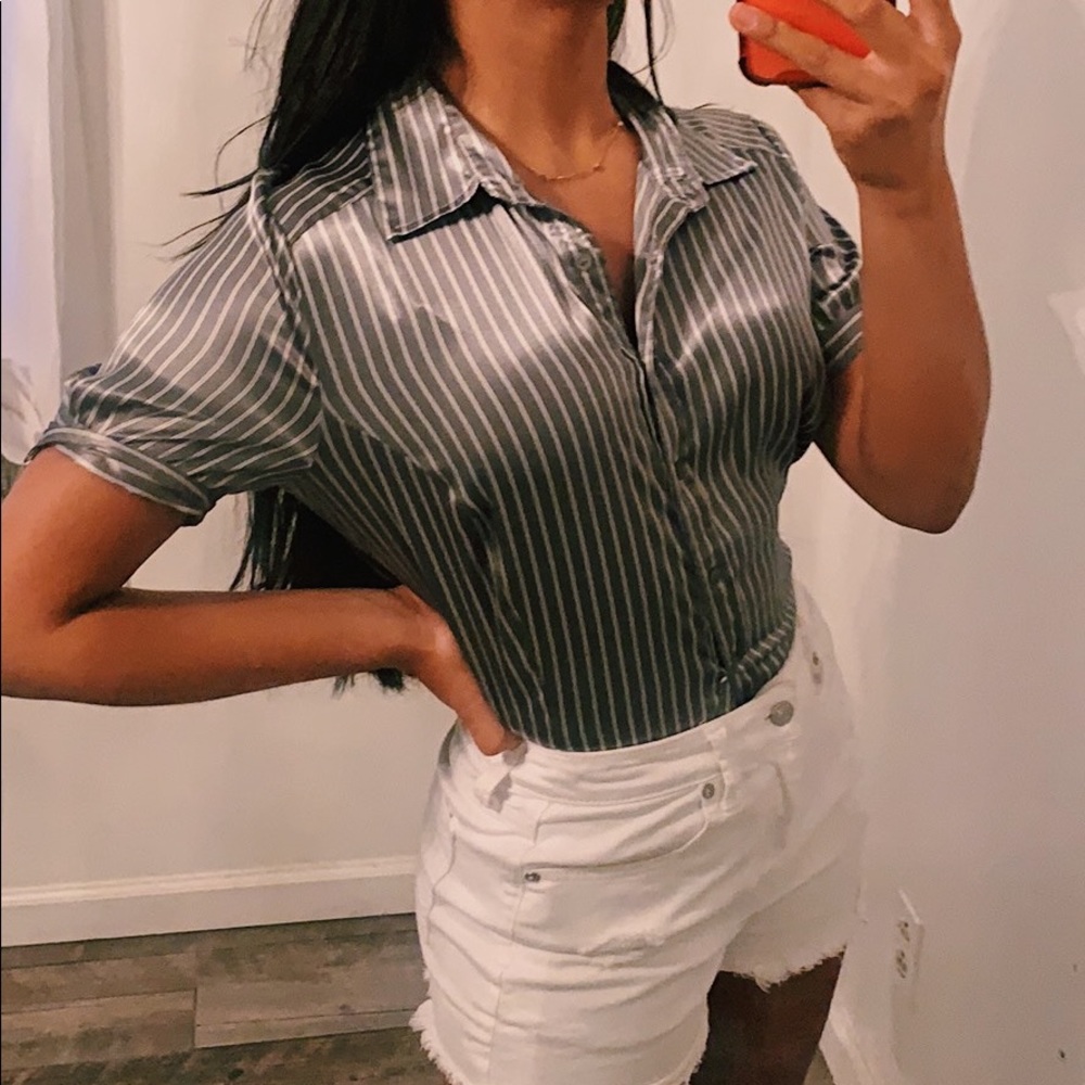 Classy Silk Striped Button Down Blouse Top WMNS